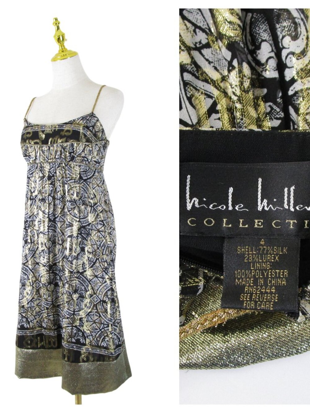 Vintage Nicole Miller Collection Metallic Gold Black Silk Empire A Line Dress 4